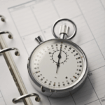 Stopwatch resting on a planner page, symbolizing focused time management and 90-day action planning in church leadership.